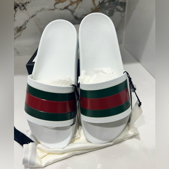 Gucci White Pursuit Web Accent Red Green Slides New - Picture 8 of 11